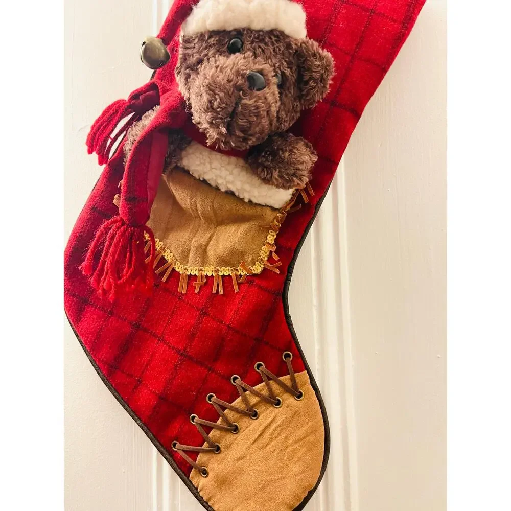 Folk Art Country Christmas Stocking 3D Plush Bear Red & Black Plaid Western